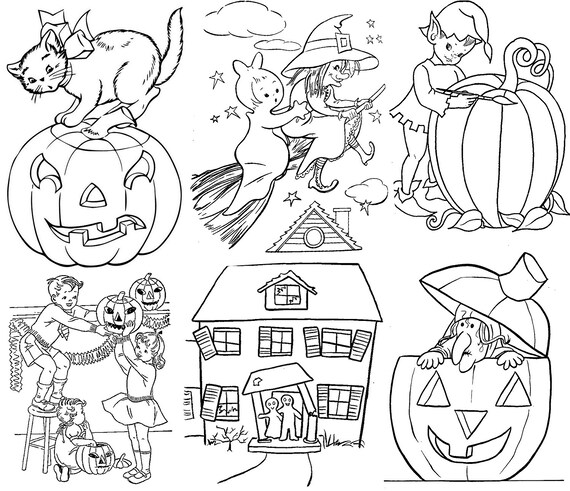 Offer vintage halloween coloring book paper dolls and clip art instant download pdf format