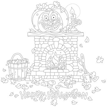 Premium vector halloween card with a funny pumpkin on an old stone fireplace with burning firewood