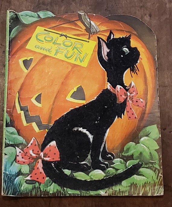 Vintage halloween coloring book large whitman color and fun book black cat coloring book