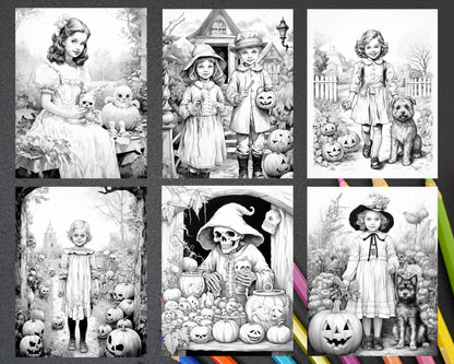 Vintage halloween trick or treat grayscale coloring pages printable â coloring