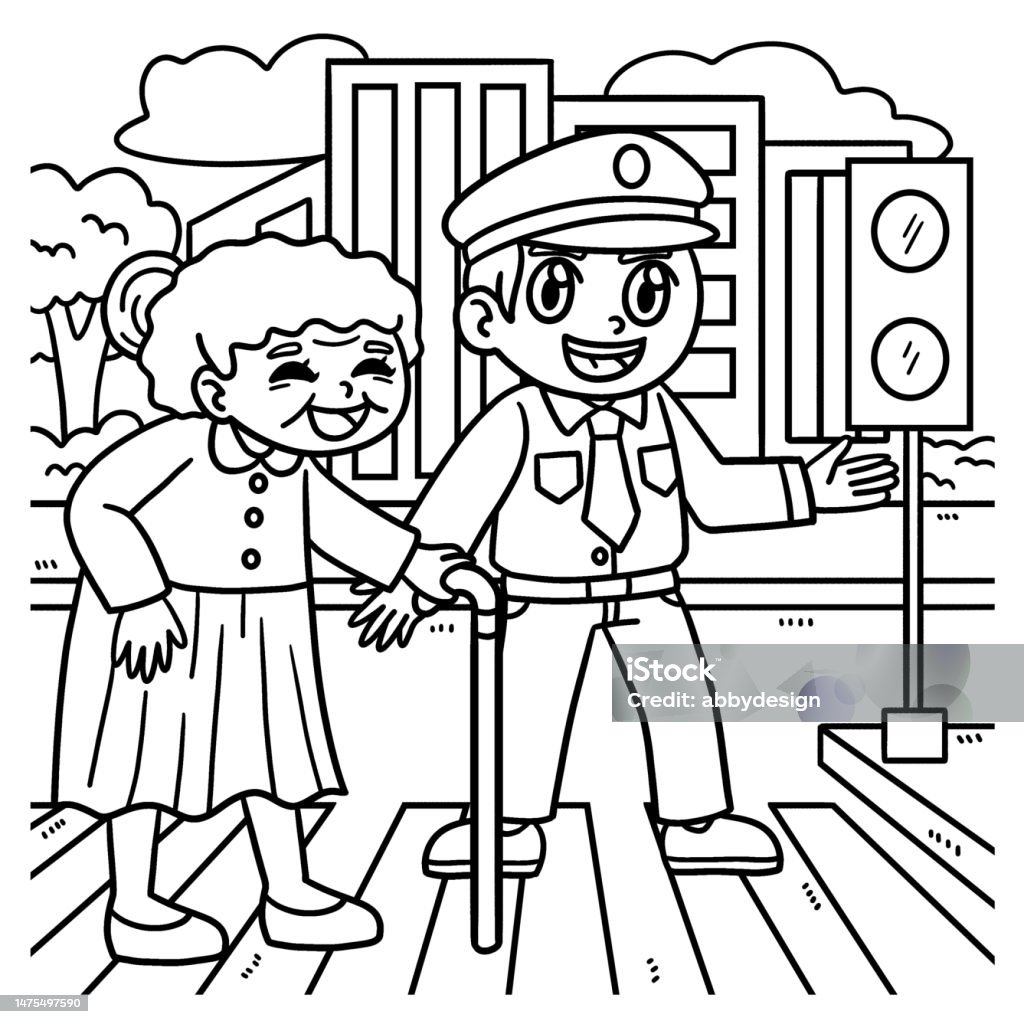 Police helping old woman coloring page for kids stock illustration