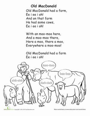 Old macdonald worksheet educationm nursery rhymes activities kids poems preschool songs