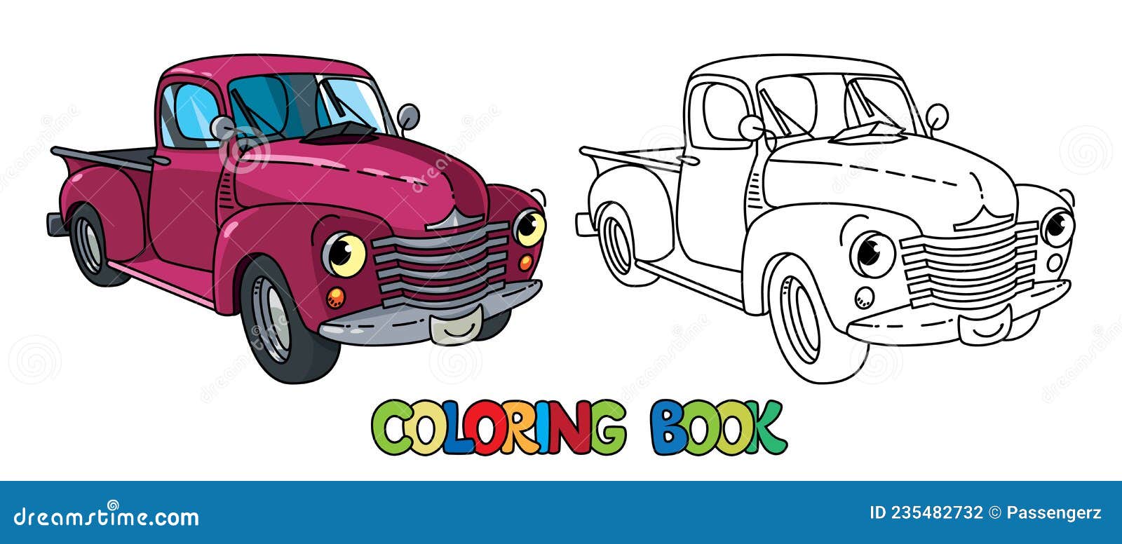 Funny small old truck with eyes coloring book stock vector