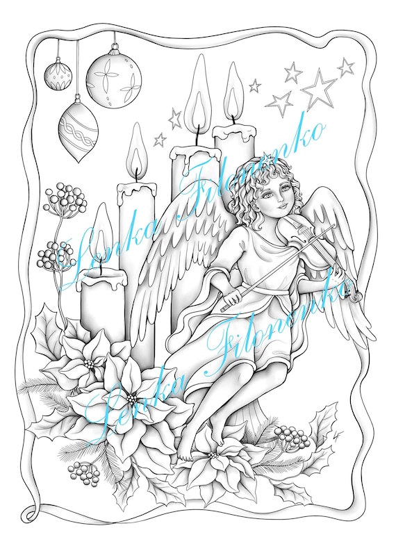 Coloring page for adults christmas vintage angel with violin grey scale pdf download and print