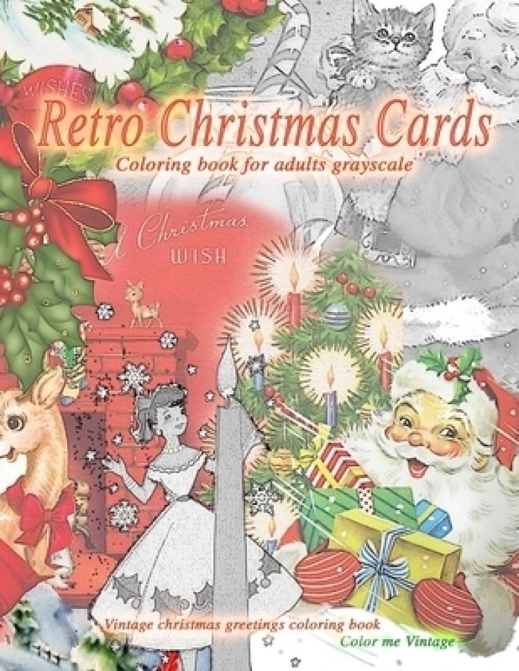 Retro christmas cards loring book for adults grayscale vintage christmas greetings loring book old fashioned christmas loring book free delivery when you spend pound at