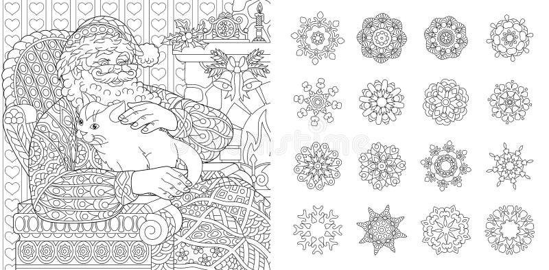 Coloring pages with santa claus and snowflakes stock vector