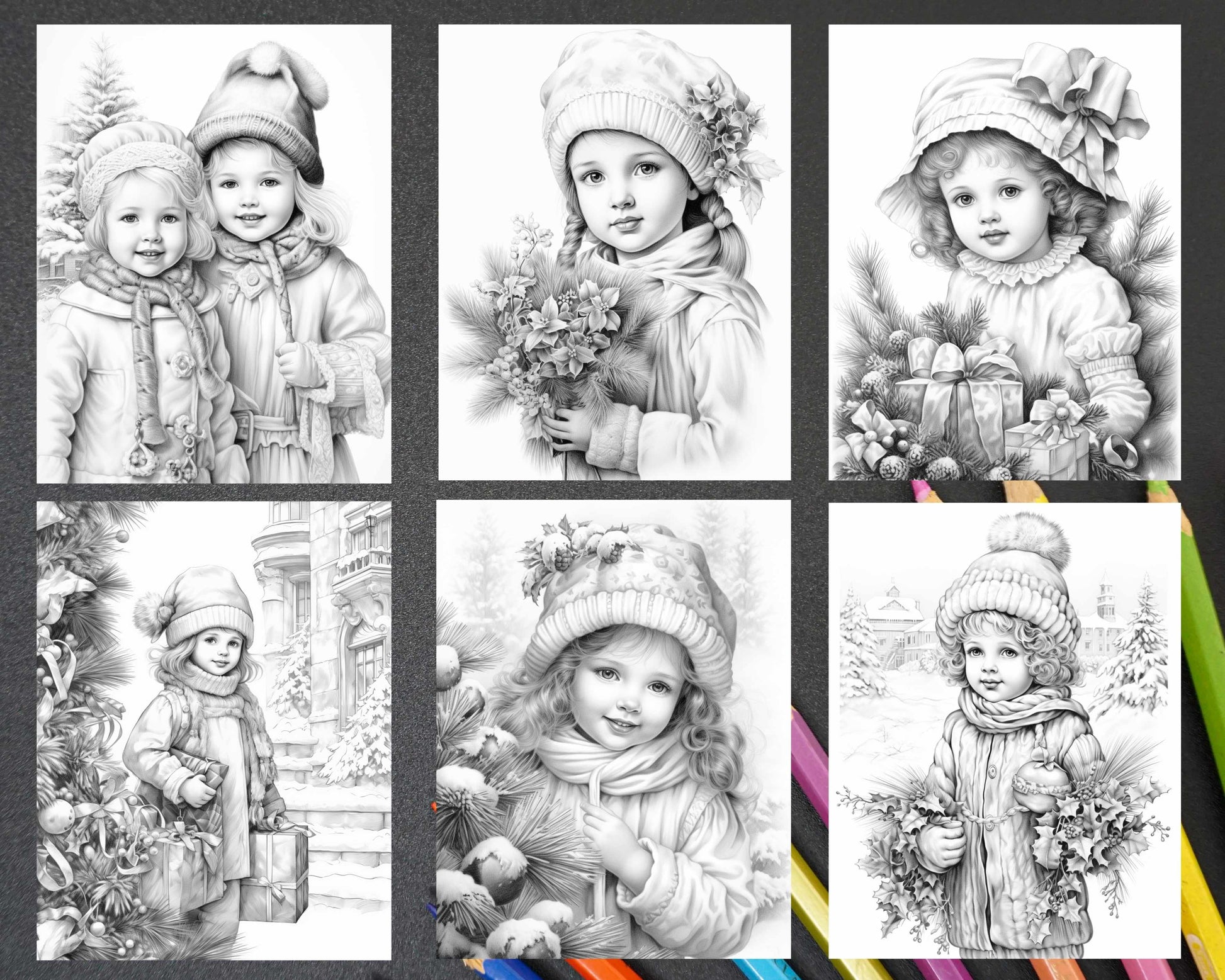 Vintage christmas girls grayscale coloring pages for adults and kid â coloring