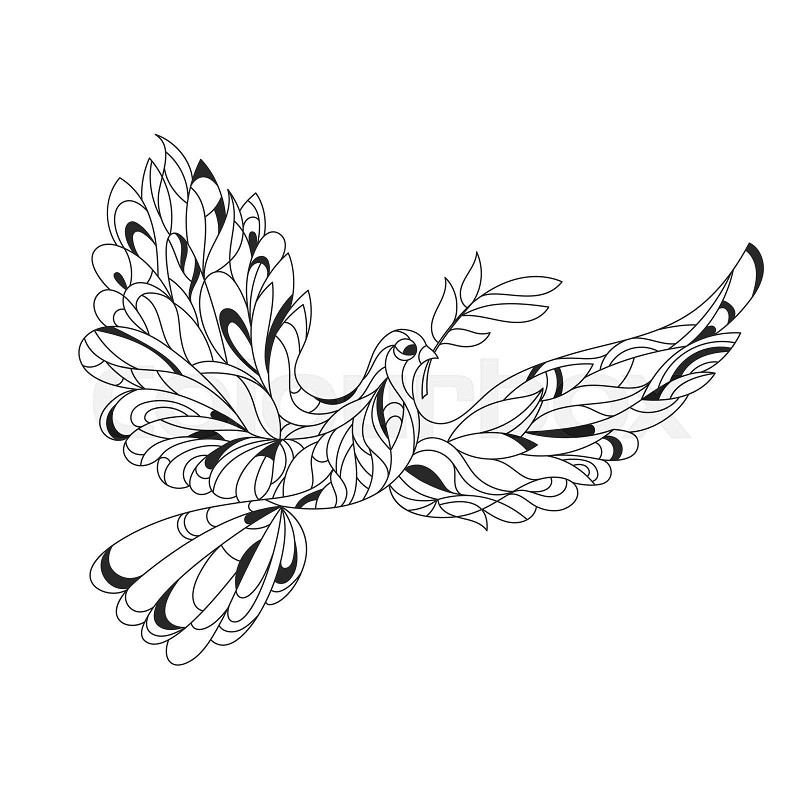 Vector monochrome hand drawn zentagle illustration of peace dove with olive branch coloring page with high details isolated on white background stock vector