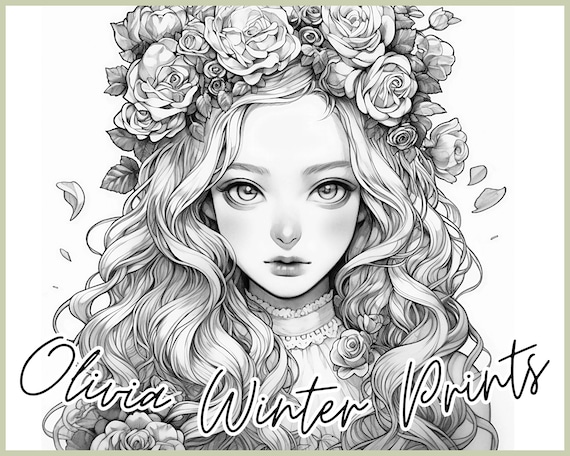 Coloring page for adult beautiful women and flower coloring pages printable instant download images olivia winter digital coloring pages