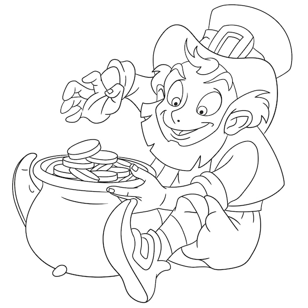 Premium vector cute leprechaun with pot full of gold coins cartoon coloring book page for kids