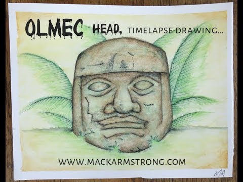 Time lapse watercolour drawing of olmec head