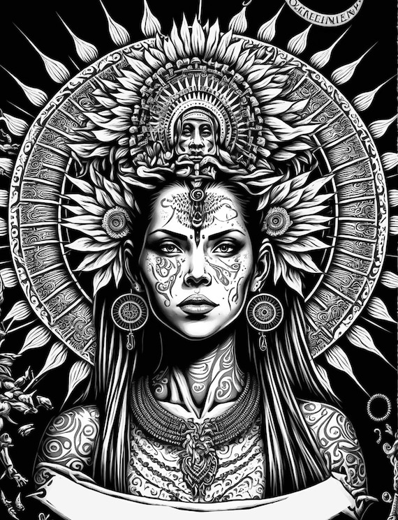 Aztec mayan and olmec warrior queens coloring pages ai generated adult coloring sheets and cover w mexican goddesses instant download