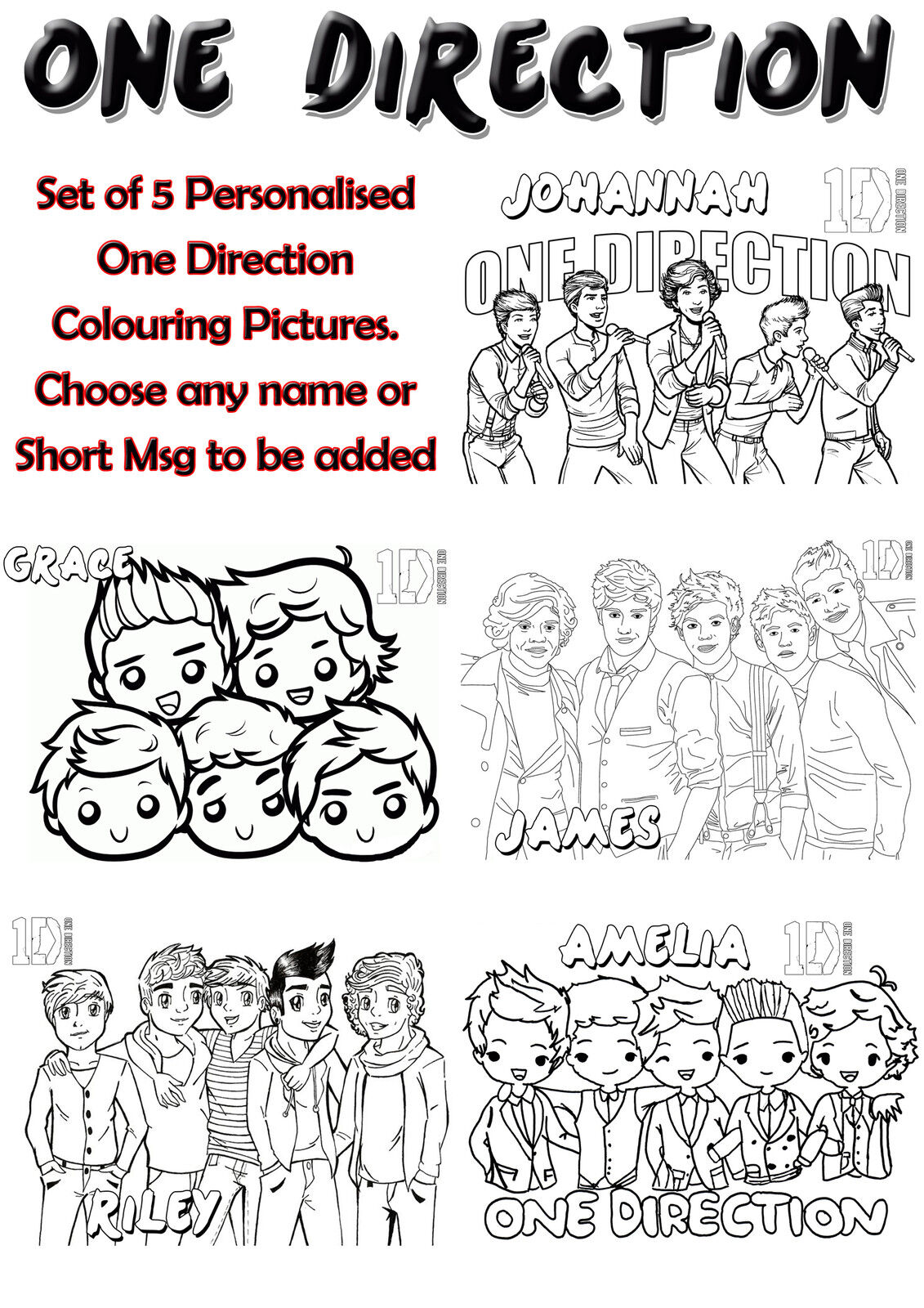 Personalised a one direction colouring pictures set of