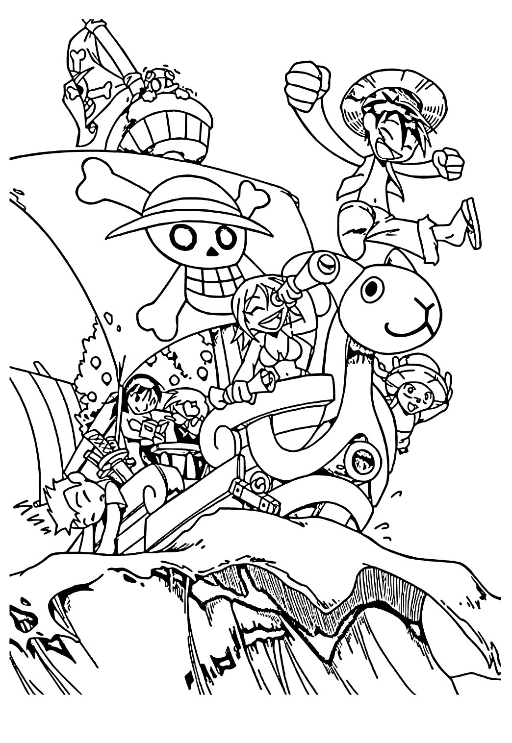 Free printable one piece pirates coloring page sheet and picture for adults and kids girls and boys