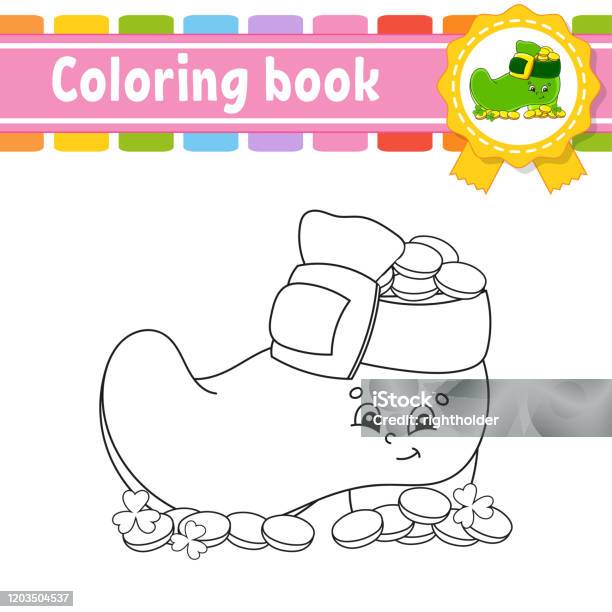 Coloring book for kids leprechaun boot with coins cheerful character vector illustration cute cartoon style black contour silhouette isolated on white background st patricks day stock illustration