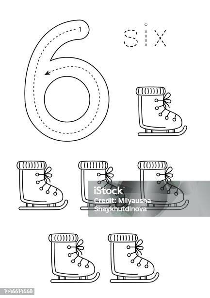 Flashcard number six preschool worksheet ice skates stock illustration