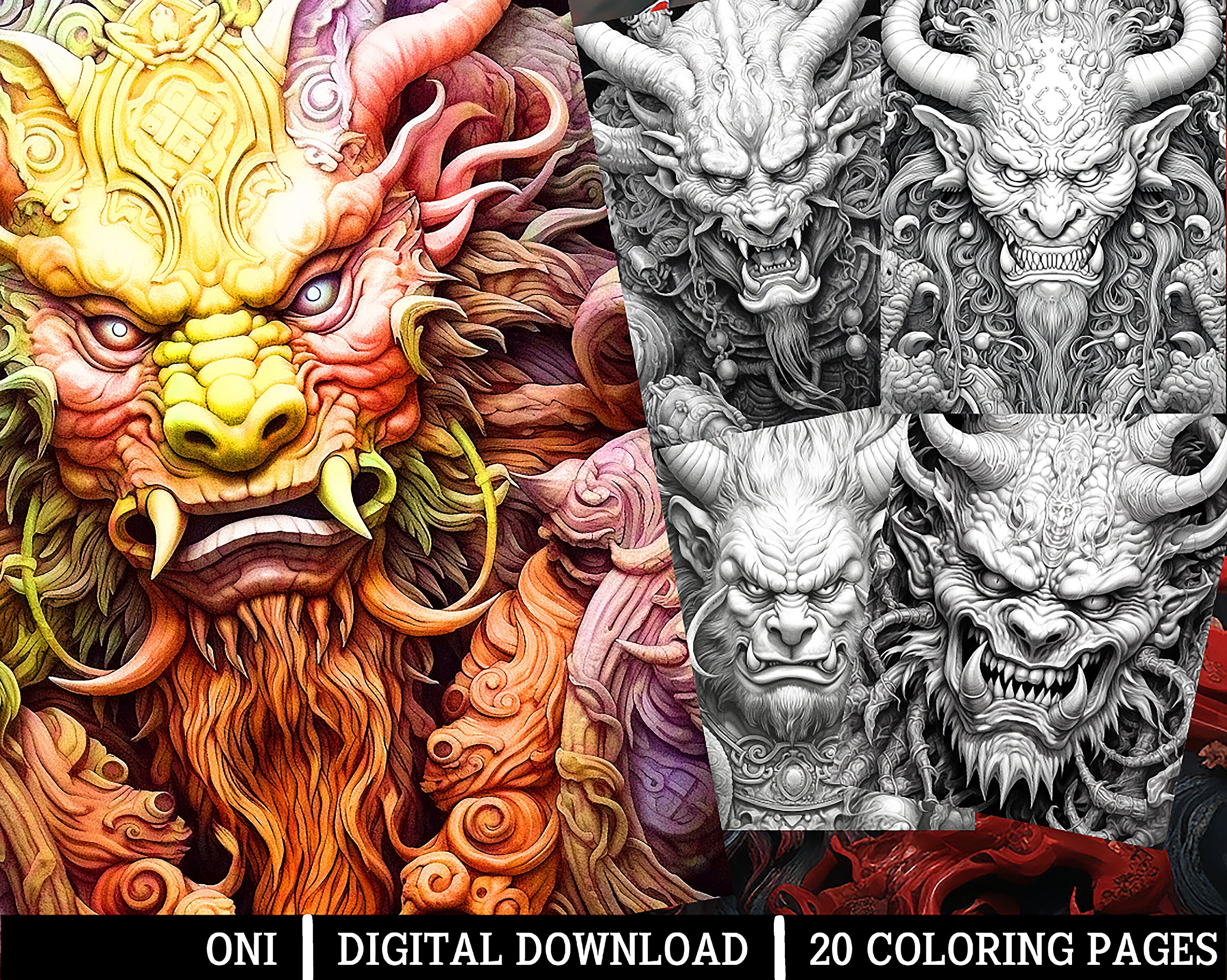 Oni coloring pagesfor adults instant download grayscale coloring pageprintable pngjpeg coloring for adults japanese horror themed art instant download