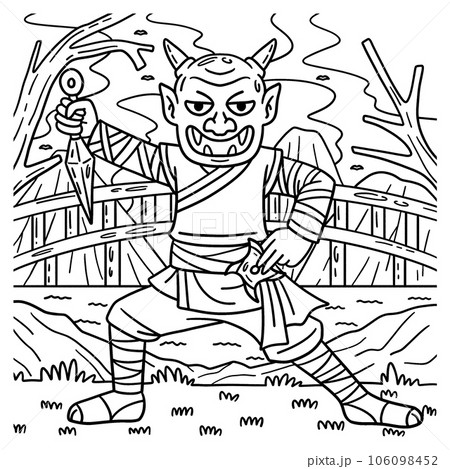 Ninja wearing oni mask coloring page for kids