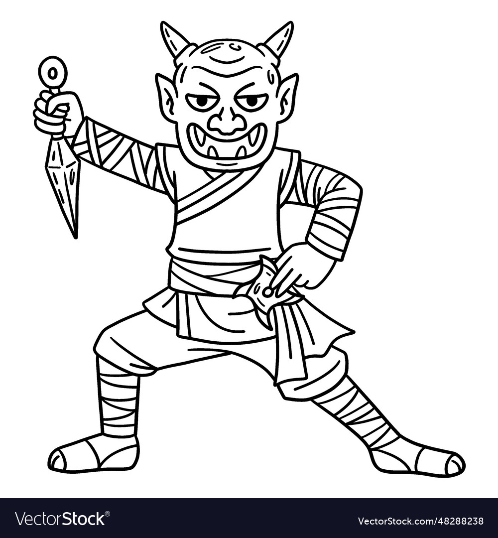 Ninja wearing oni mask isolated coloring page vector image