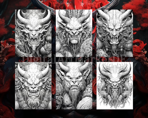 Oni coloring pagesfor adults instant download grayscale coloring pageprintable pngjpeg coloring for adults japanese horror themed art instant download