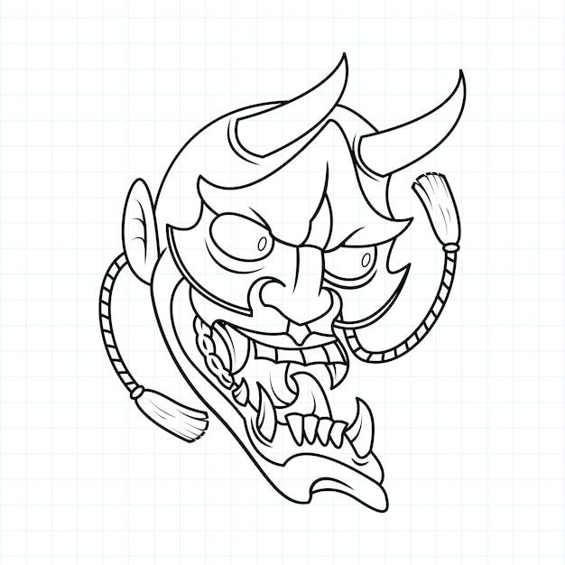 Premium vector hand drawn japanese oni demon mask coloring page vector illustration