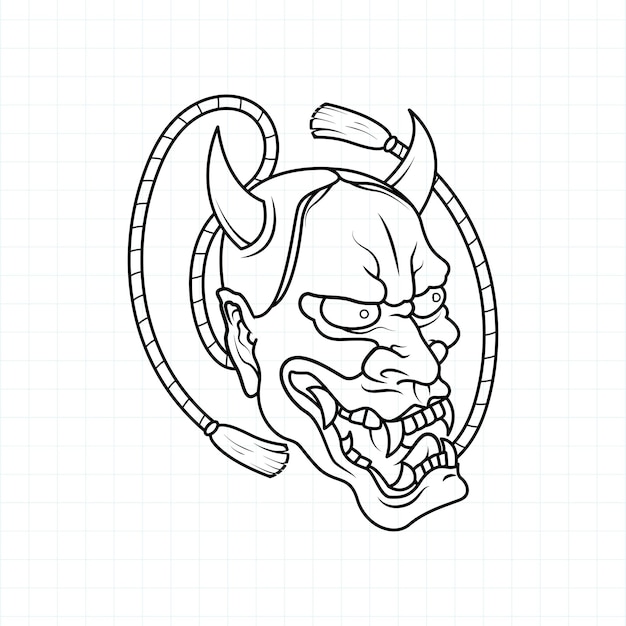 Premium vector hand drawn japanese oni demon mask coloring page vector illustration