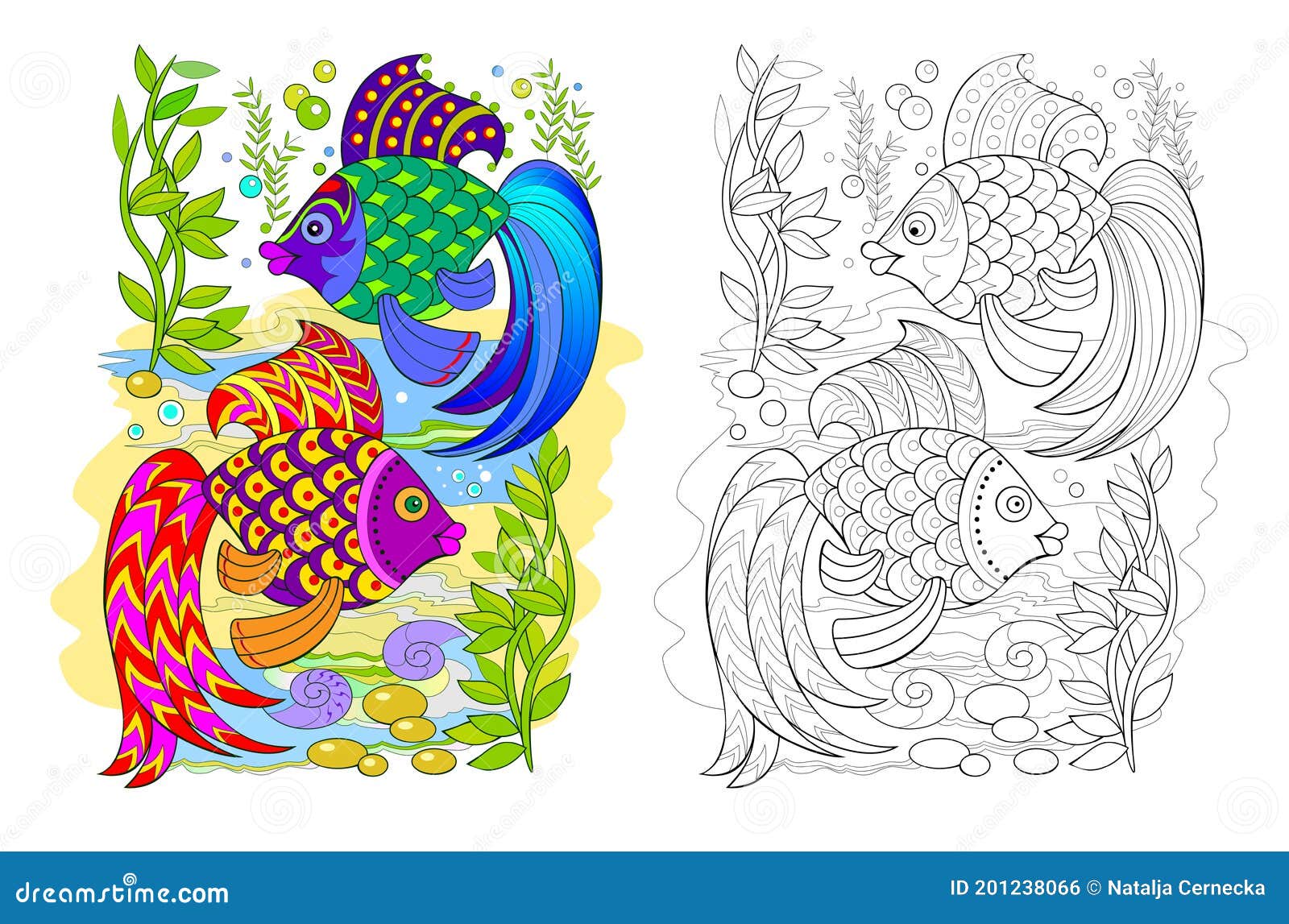 Page for coloring book illustration of two cute fishes fantasy underwater life online education animals for kids stock vector