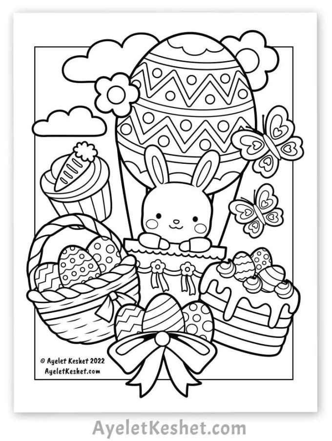 Kawaii easter coloring page with a flying bunny