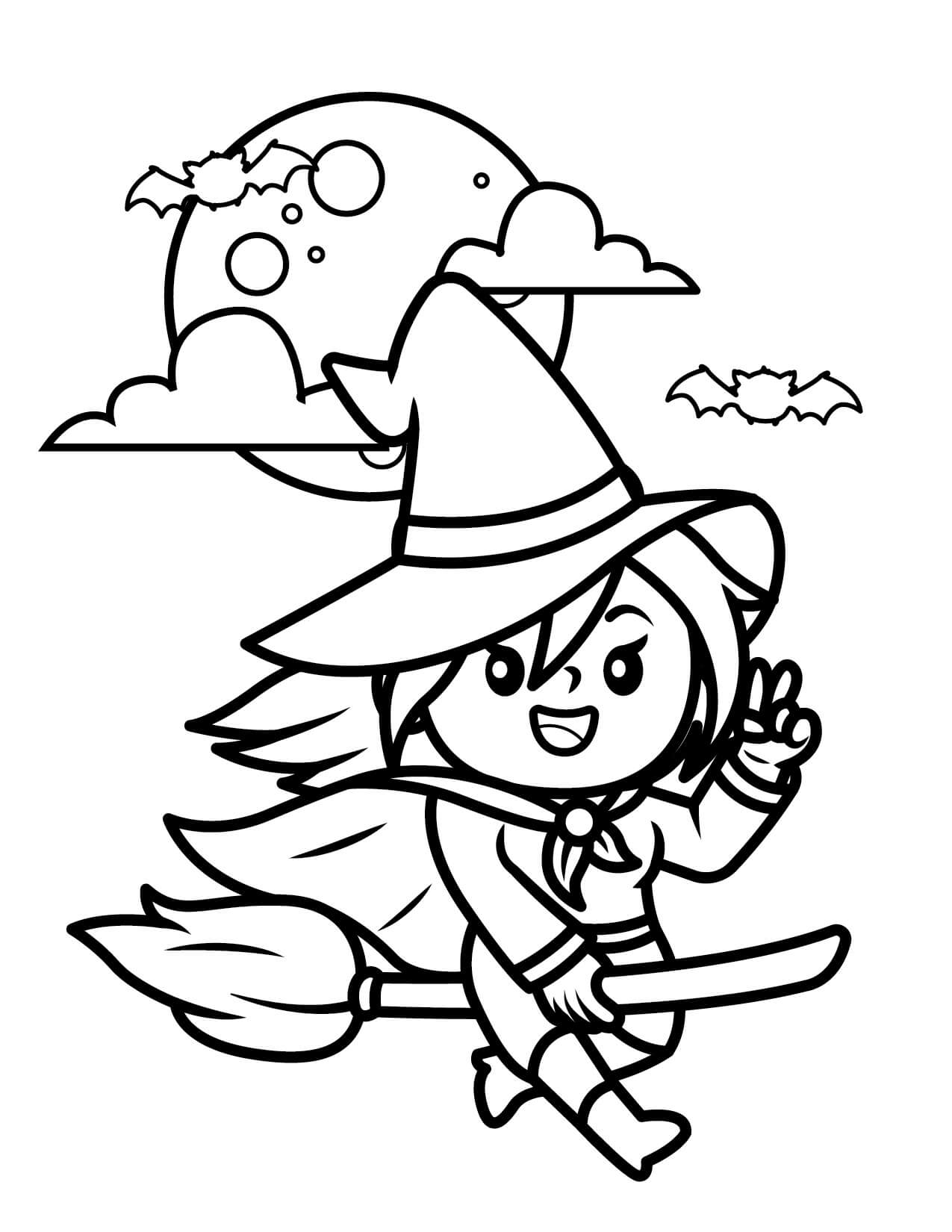 Cute witch flying in halloween coloring page