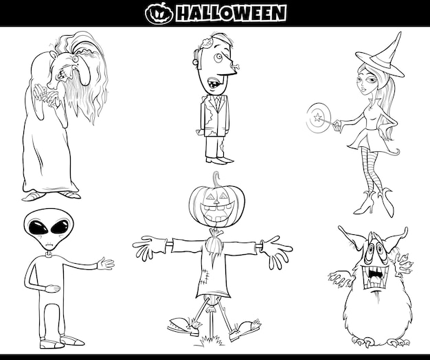 Premium vector cartoon halloween holiday characters set coloring page