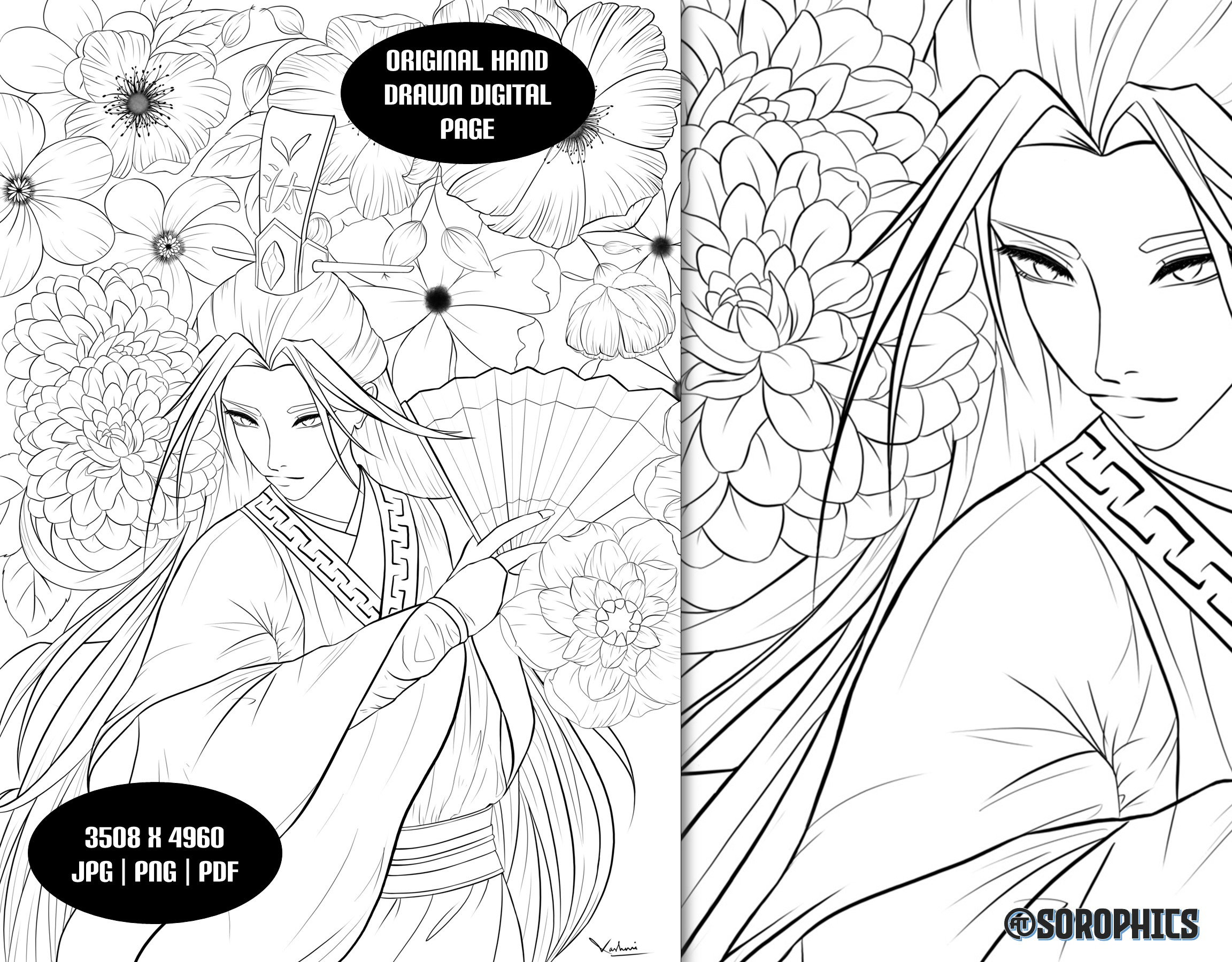 Adult coloring page printable anime coloring book instant download digital art pdf flower drawing character illustration