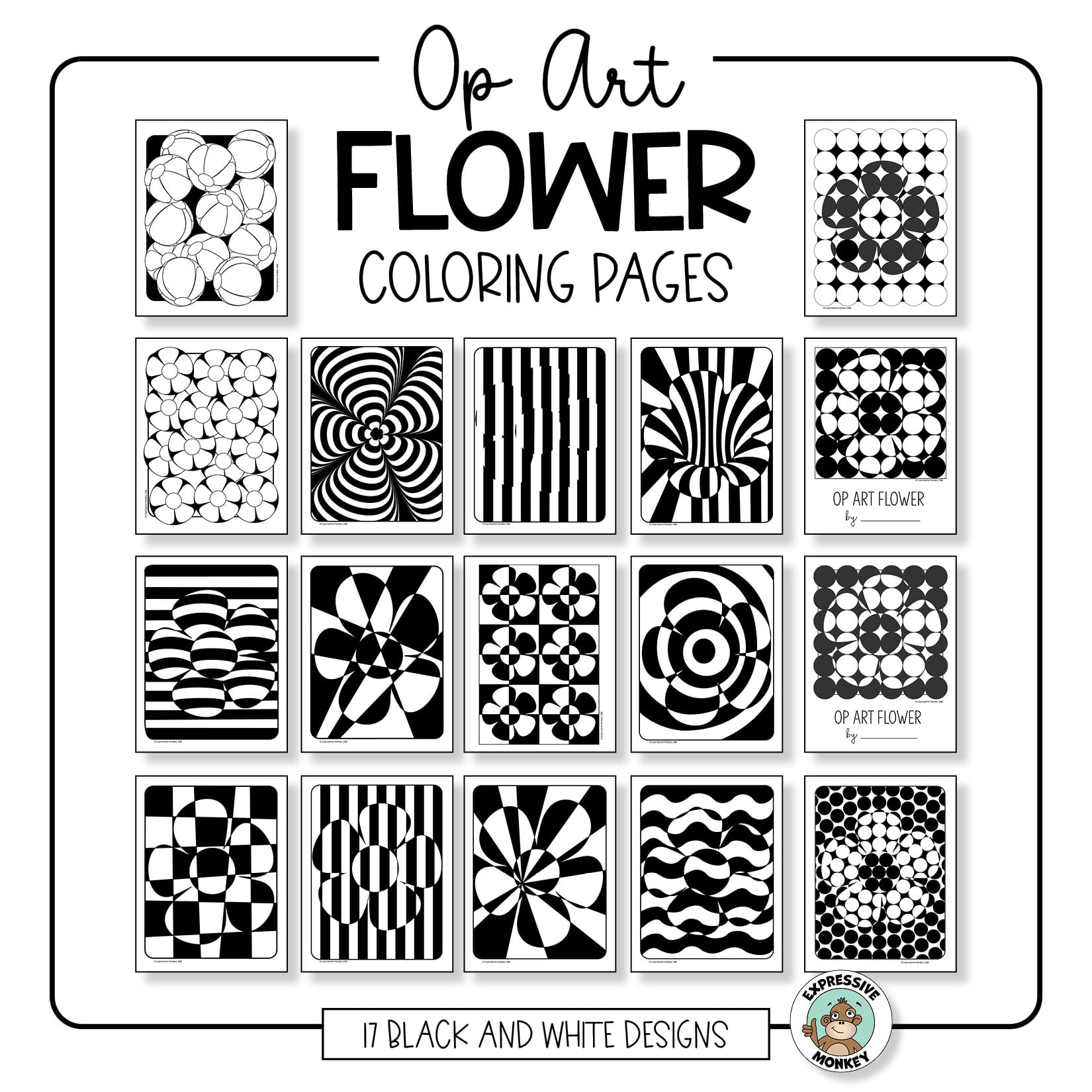 Op art flower coloring pages â expressive monkey