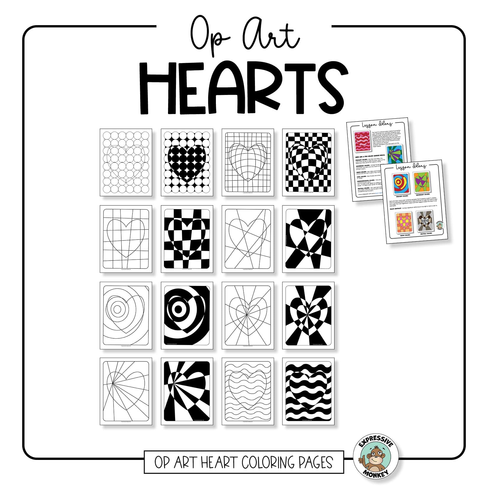 Op art heart drawing coloring pages