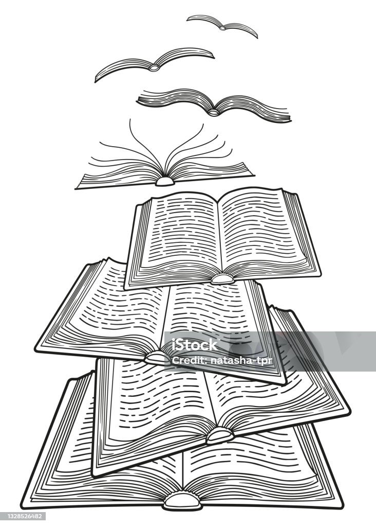 World book day concept of the opened books flying like birds detailed coloring page for adults stock illustration