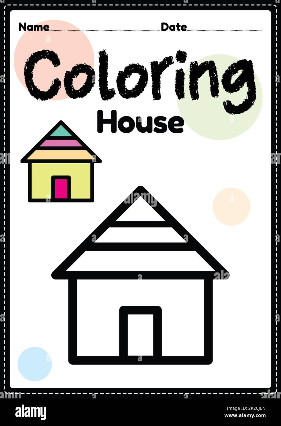 House coloring page picture worksheet for preschool kindergarten montessori kids to practice coloring activities to develop creativity focus and motor skills stock photo