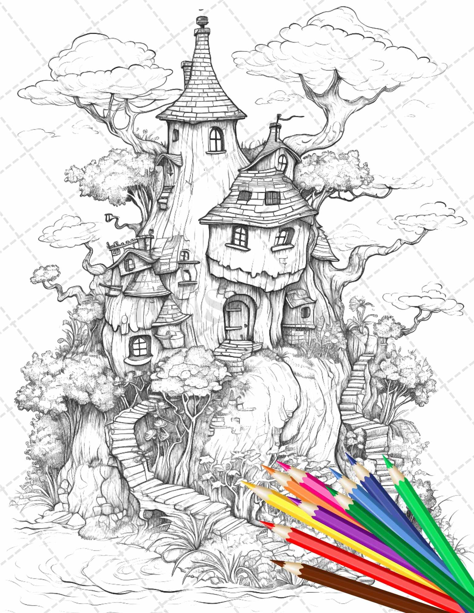 Enchanted treehouse coloring book printable for adults grayscale â coloring