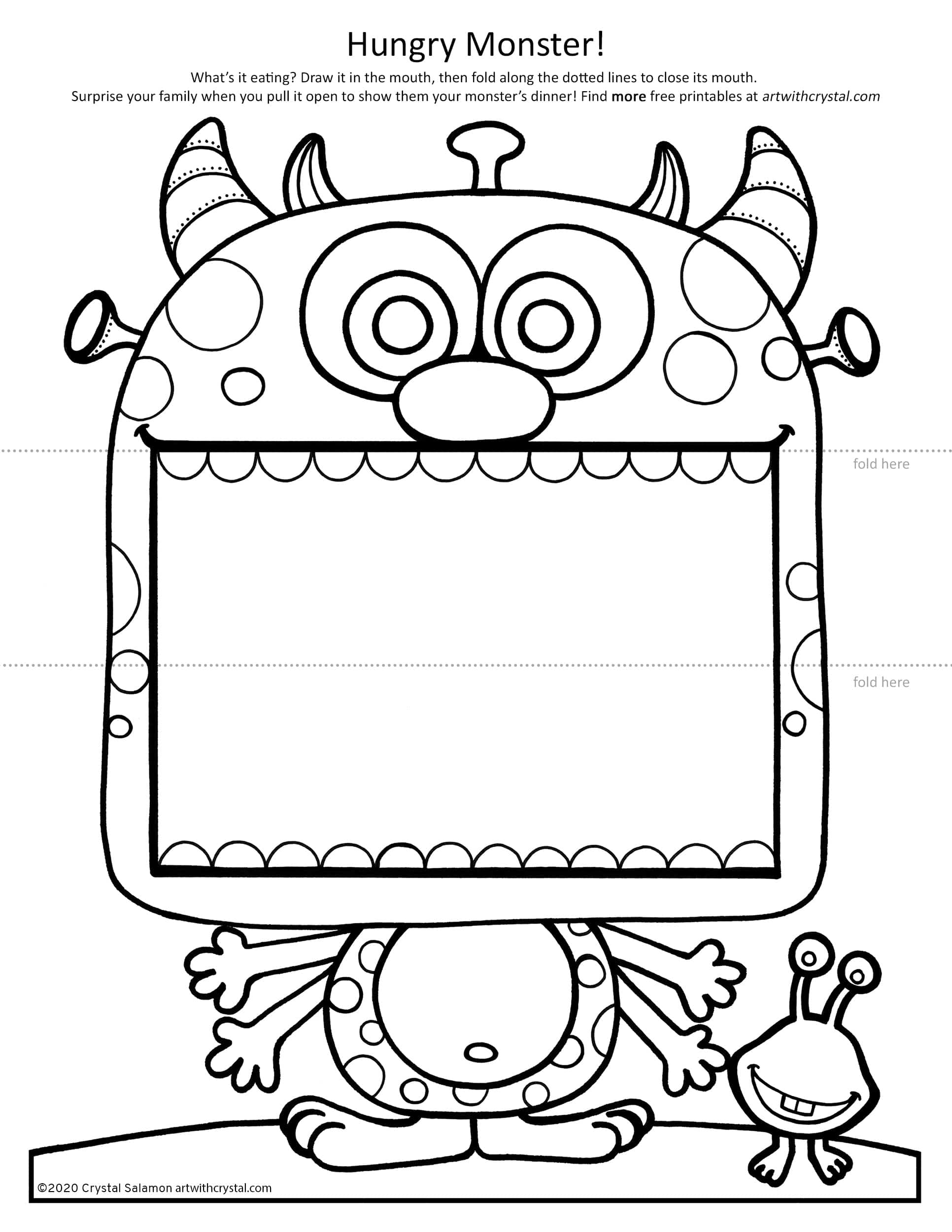 Big mouth monster colouring page free printable art with crystal