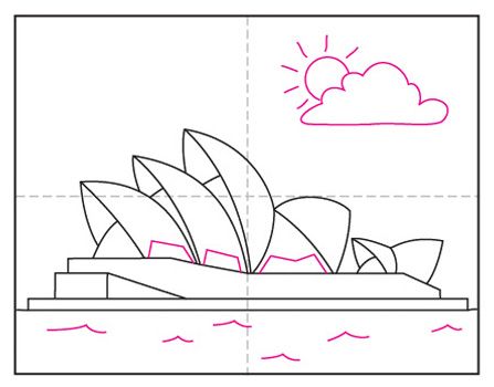 Easy how to draw the sydney opera house tutorial and sydney opera house coloring page drawings diy canvas art painting children sketch