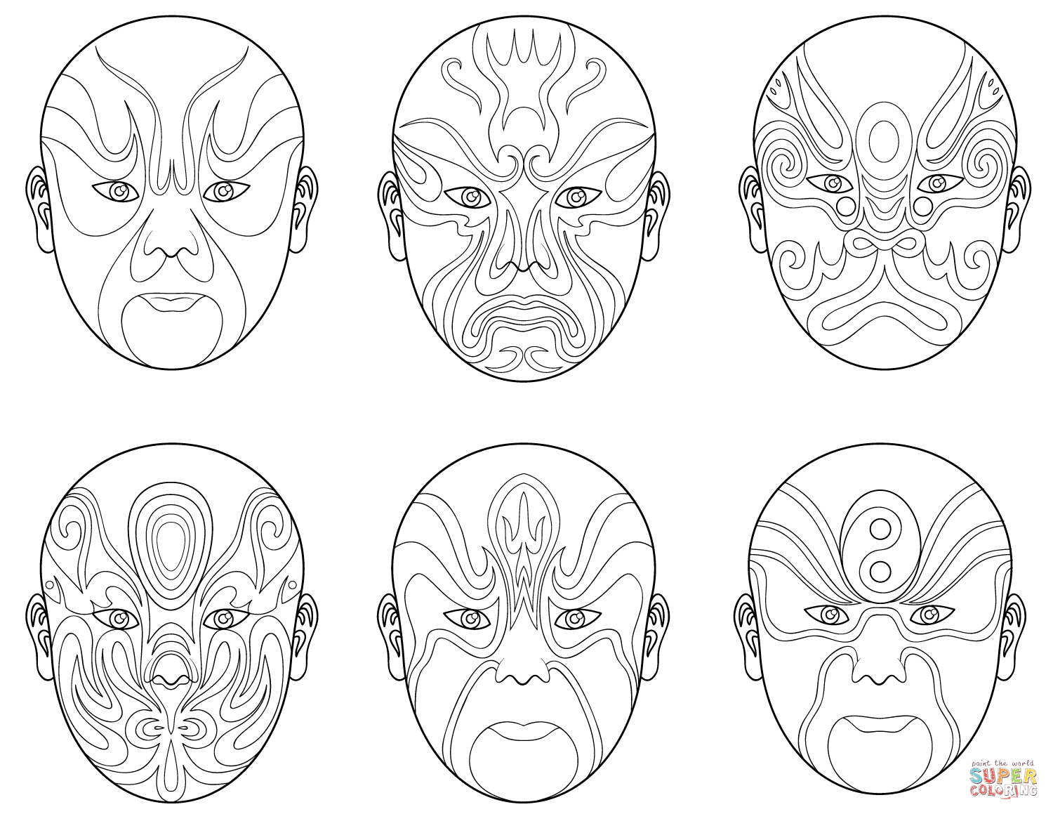 Chinese opera masks coloring page free printable coloring pages