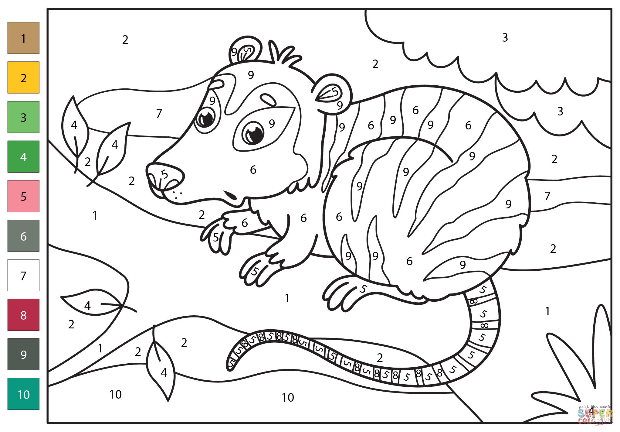 Opossum color by number free printable coloring pages