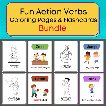 Fun action verbs coloring pages flashcards bundle printable activities