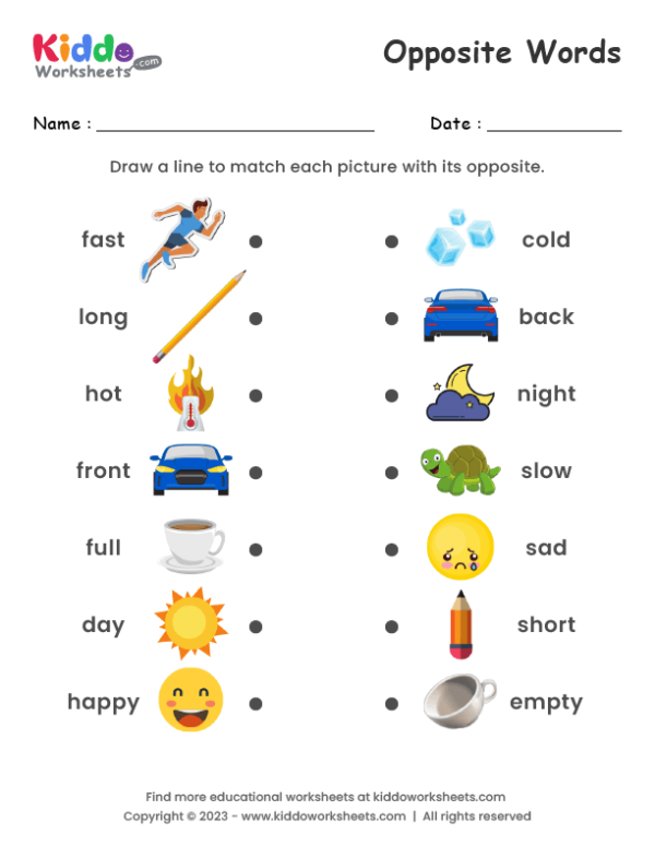 Free printable matching opposite words worksheet