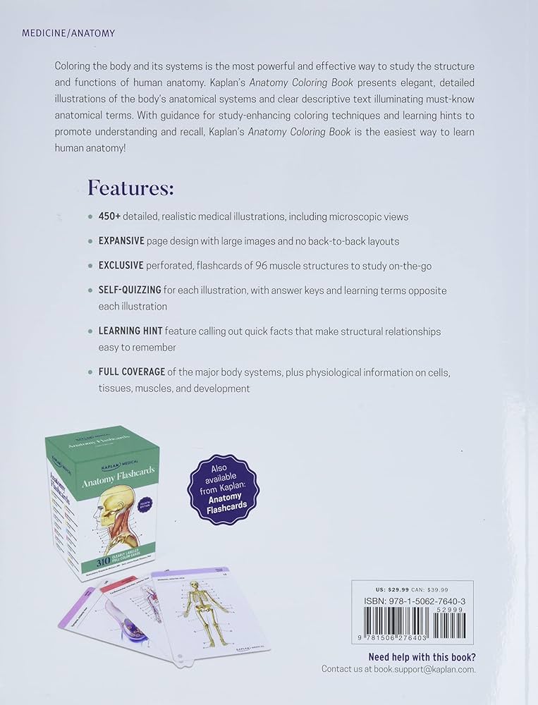 Anatomy coloring book with realistic medical illustrations with quizzes for each perforated flashcards of muscle origin insertion action and innervation kaplan test prep mccann stephanie wise eric books