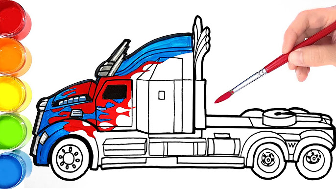 How to draw and color transformers optimus prime trailer truck kids learn colors