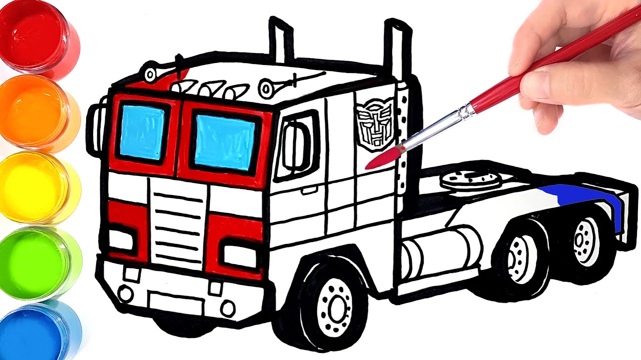 How to draw and color transformers optimus prime trailer truck learn colors