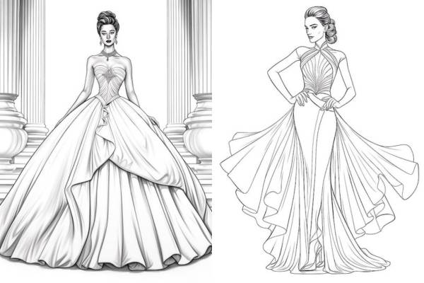 Stunning dress coloring pages for kids and adults