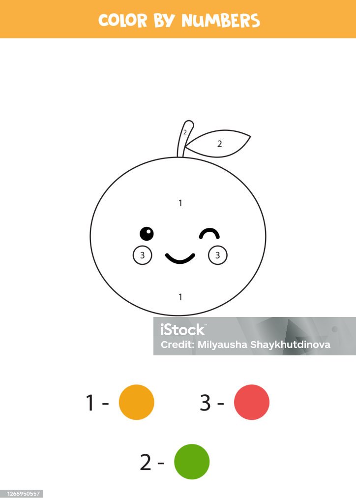 Coloring page with cute kawaii orange by numbers stock illustration