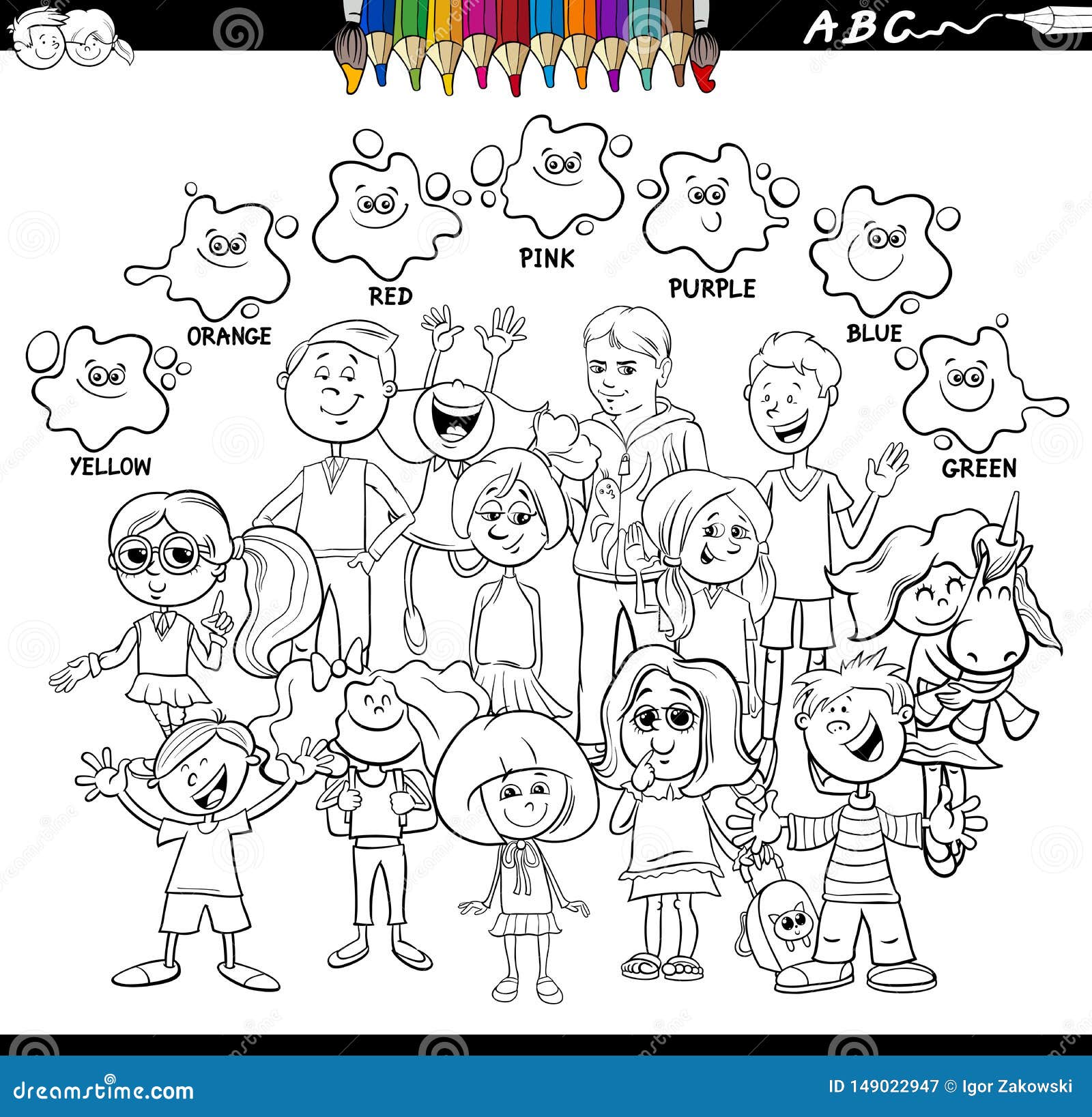 Basic colors coloring book with children stock vector