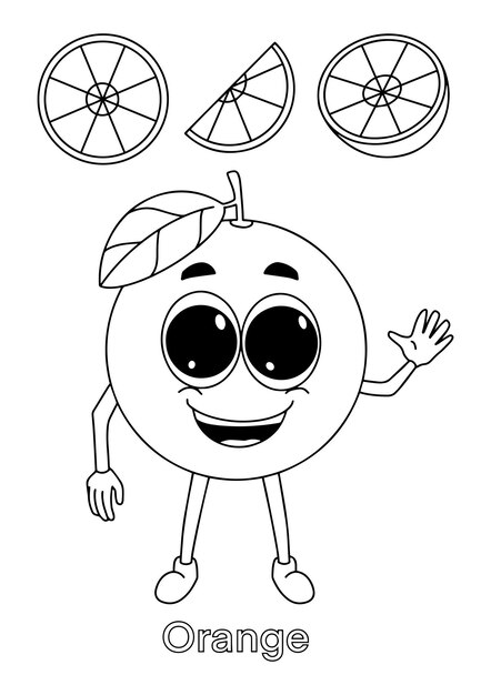 Premium vector children coloring book page cute orange fruit character design