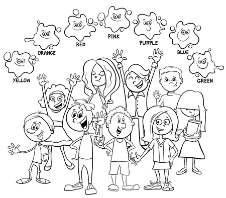 Black and white cartoon illustration of basic colors educational page for kids with children characters coloring book